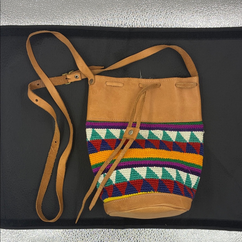 Boho Chic Tan Crossbody Bag with Multicolor Patterns